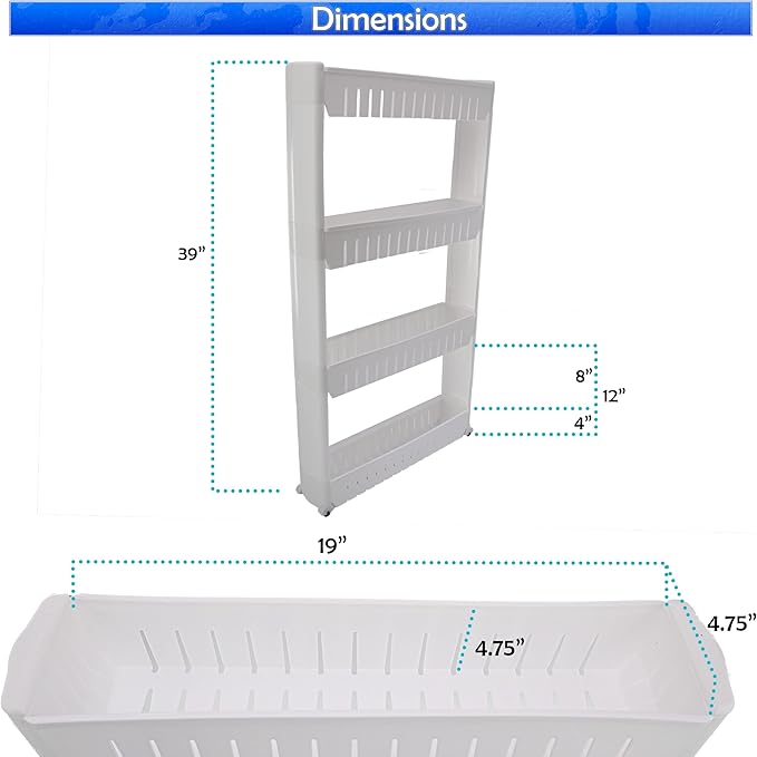 Slim Rolling Storage Cart for Bathroom and Laundry Room Organization - Narrow Space-Saving Mobile Shelving Utility Cart - Versatile Tier Design (White, 4 Tier)