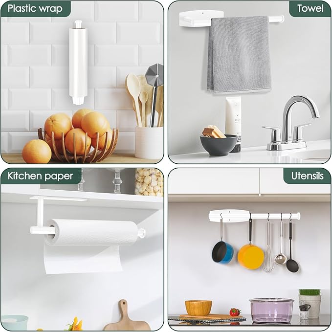 White Paper Towel Roll Rack - Under Cabinet Stainless Steel Towel Holder - Self Adhesive or Drilled Mount - 200 lbs Max Weight