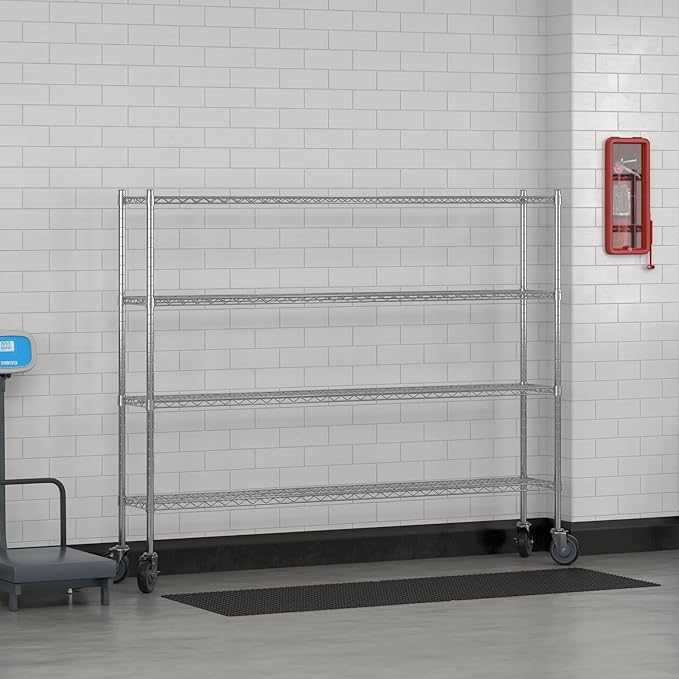 Commercial NSF Listed Chrome Mobile Wire Shelving Kit 12" x 72" x 60", with 4 Shelves Perfect for Warehouse, Walk-in Refrigerator, Freezer, Grocery Store, Restaurant, Dishroom