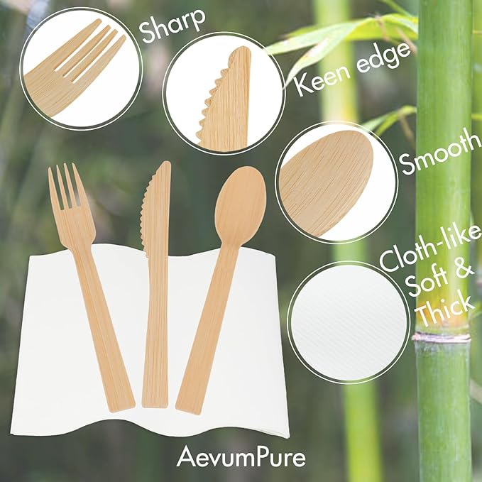 Pre Rolled Napkin and Bamboo Cutlery Set - 30 Sets (120 PCS)Disposable Wrapped Bamboo Utensils (30Compostable Napkins,30Forks,30Spoons,30Knives)-Wooden Silverware/Wrapped Plastic Tableware Alternative