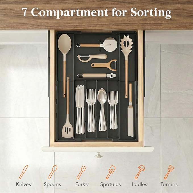 Lifewit Silverware Drawer Organizer, Expandable Utensil Tray for Kitchen, BPA Free Plastic Flatware and Cutlery Organizer, Adjustable Storage for Spoons Forks, Fits 8.9-14.3x11.3-19.3x1.7 Inch, Black