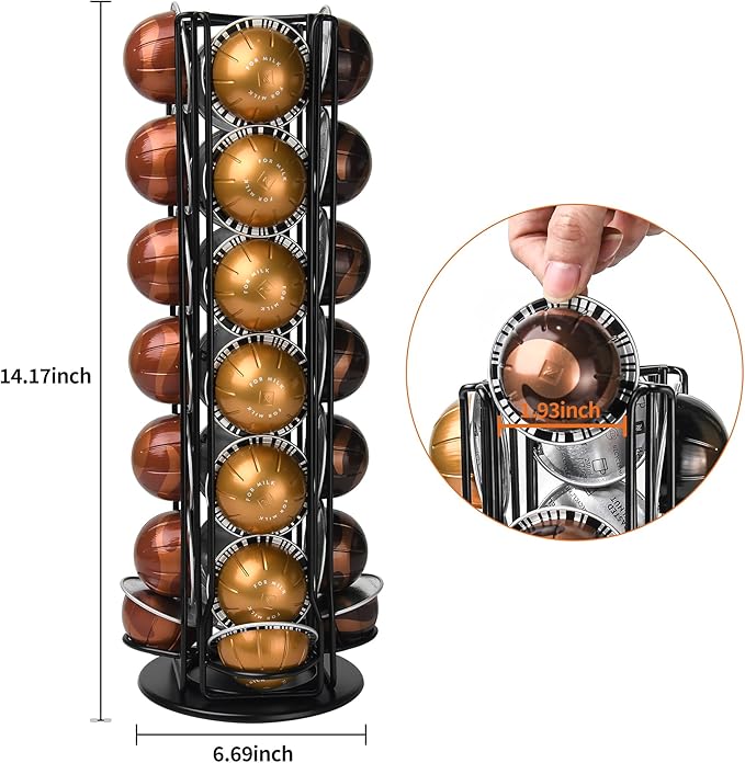28 Coffee Pods Holder - Black - 360° Spinning Coffee Pod Carousel Stand | Holds 28 Capsules | Compact Countertop Organizer with Silent Rotation, Durable & Modern