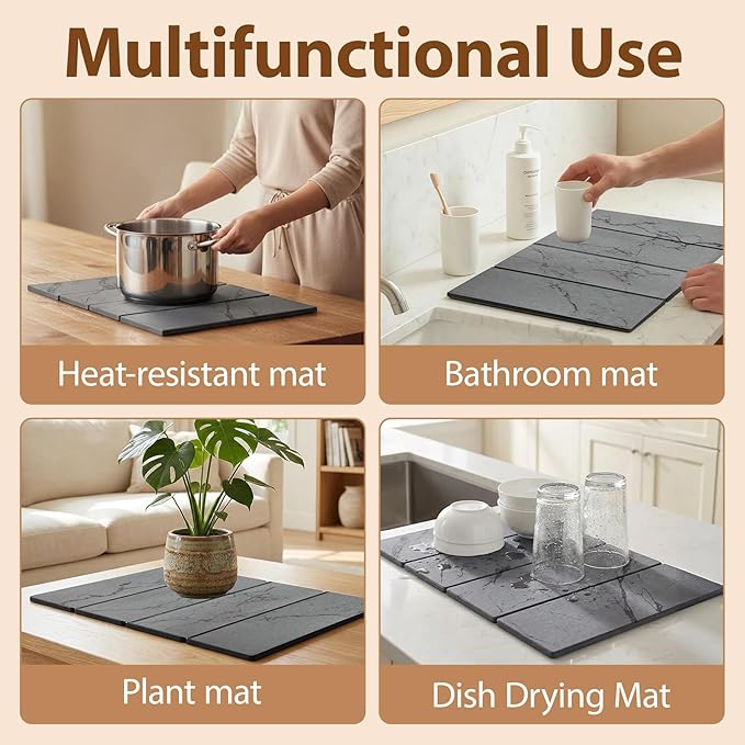 Large Stone Dish Drying Mat for Kitchen Counter,24"(L)×16"(W),Quick Dry Super Absorbent Drying Matt Kitchen Counter,Collapsible Diatomaceous Earth Dish Mats,for Dishes Bottles Cups,Any Countertop