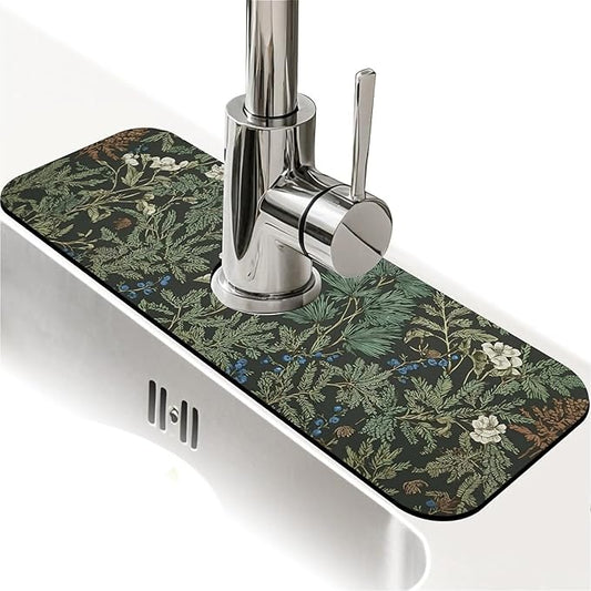 Kitchen Sink Splash Guard，Dark green forest Faucet Mat Sink Gadgets-Super Absorbent Fast Drying Mat Drip Catcher for Kitchen, Bathroom,Sink Mat, Dish Drying Mat, Bathroom(15" X 5.5" )