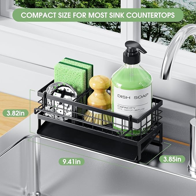 Self-Draining Kitchen Sink Caddy, Rustproof Non-Slip Sponge Holder with Detachable Dish Cloth Holder (Black)