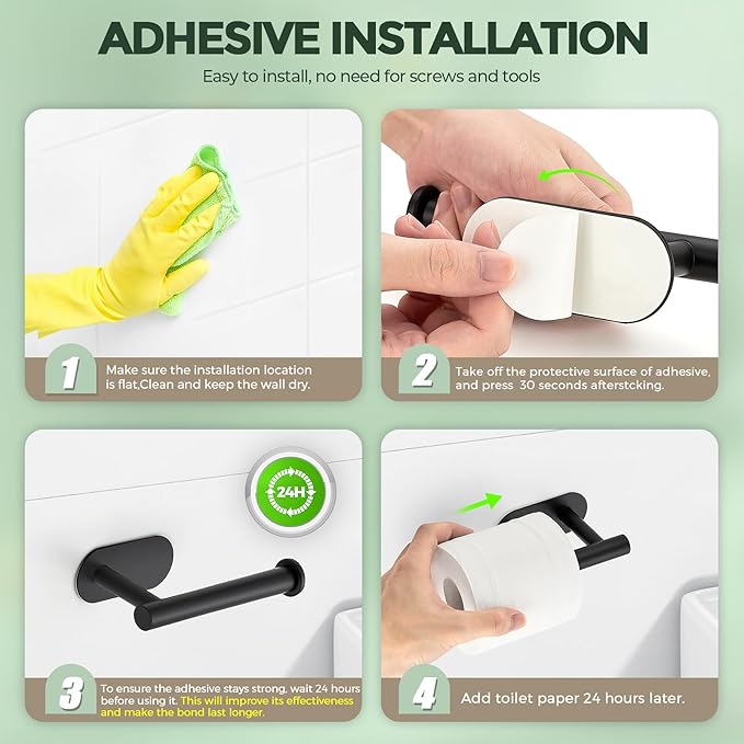 3 Pack Adhesive Toilet Roll Holder Stand - Matte Black SUS304 Stainless Steel, Rustproof Toilet Paper Holder No Drilling Tissue Holder for Kitchen Bathroom Wall Mount Bathroom Tissue Holder