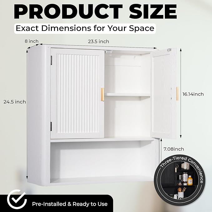 Pre-Assembled Wall Mounted Medicine Cabinet – 2-Door Bathroom Storage Cabinet with Fixed Shelf, Space-Saving Over-The-Toilet Organizer for Small Bathrooms, Living Room, Kitchen or Laundry (White)