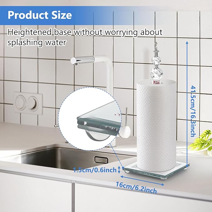 Crystal Paper Towel Holder, Bling Pink Paper Towel Roll Holder, Decorative Standing Paper Towel Holder for Kitchen Countertops Bathroom, Paper Towel Dispenser with Weighted Base (Square/Pink)