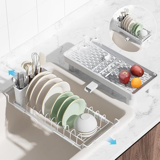 Nacial Small Dish Drying Rack with Utensil Holder, Expandable Dish Rack Over Sink with Auto-Drain Tray, Compact Dish Drainer for Kitchen Counter, Stainless Steel Dish Rack Fits 14''–21.8'' Sink, White
