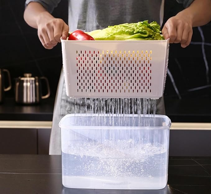 Havnddel 4 Pack Food Storage Containers with Lids – Refrigerator Organizer with Removable Colander & Drain Basket, Airtight Produce Saver for Fruits & Vegetables