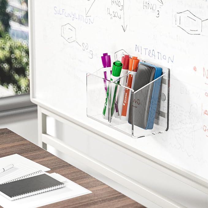 MaxGear Magnetic Dry Erase Marker Holder, 2 Compartments Clear Acrylic Pen & Marker Organizer with Strong Magnet for Whiteboard, Fridge & Locker, Holds 9-18 Markers/4 Erasers