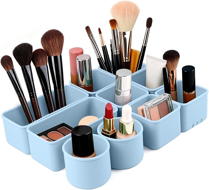 Silicone Makeup Organizer Drawer Set with Clear Lid - Stackable Vanity & Bathroom Drawer Organizer, Adjustable Compartment Desk Drawer Organizer for Cosmetics, Toiletries, Office Supplies