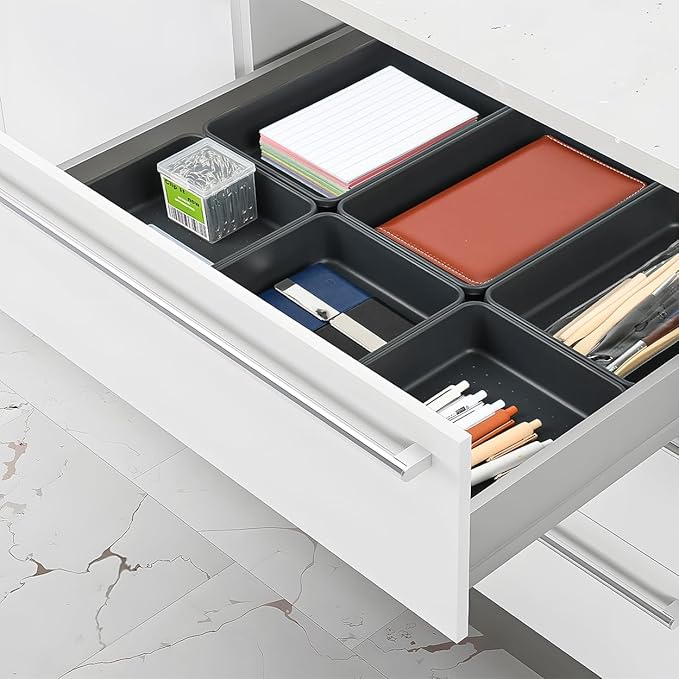 6 PCS Large Plastic Drawer Organizer, 9"×6" Desk Drawer Organizer and Storage Trays, Versatile Plastic Storage Bins for Makeup Vanity, Jewelries, Kitchen Utensils, Bathroom and Office