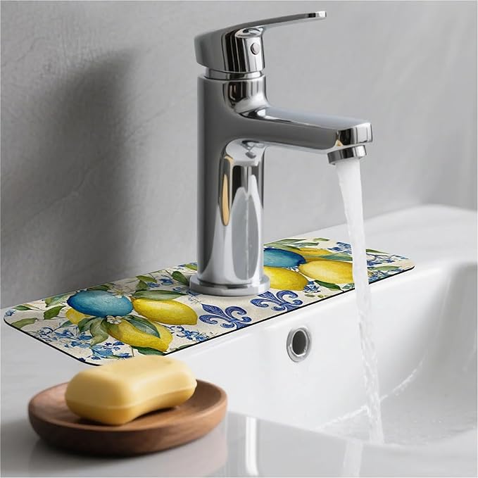Kitchen Sink Splash Guard，Blue and yellow lemons Faucet Mat Sink Gadgets-Super Absorbent Fast Drying Mat Drip Catcher for Kitchen, Bathroom,Sink Mat, Dish Drying Mat, Bathroom(15" X 5.5" )