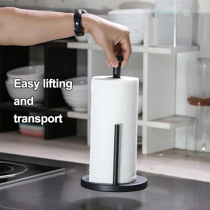 Black Paper Towel Holder Countertop, Black Stainless Steel Paper Towel Holder for Kitchen Bathroom with Anti Slip Weighted Base, Kitchen Roll Holder Fit Standard and Large Rolls