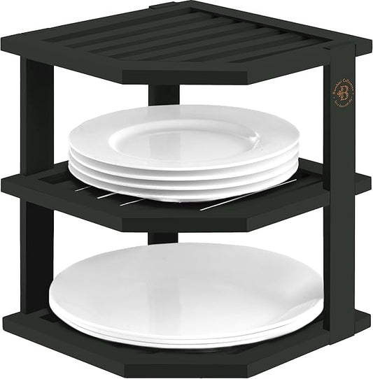 Cabinet Organizer Shelf - Bamboo Corner Rack for Kitchen Counter, Cabinet Space Saver for Plates, Dishes, Bowls, Bread Pantry, Bathroom Storage or Countertop Stand, Black