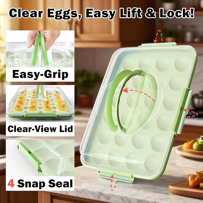 Deviled Egg Containers with Lid - 2 Pack 48 Count Reusable Platter Storage Tray with Handle for Refrigerator, Party, Thanksgiving, Christmas, Easter, Potlucks, Tea Parties, Picnics, Brunches (Green)