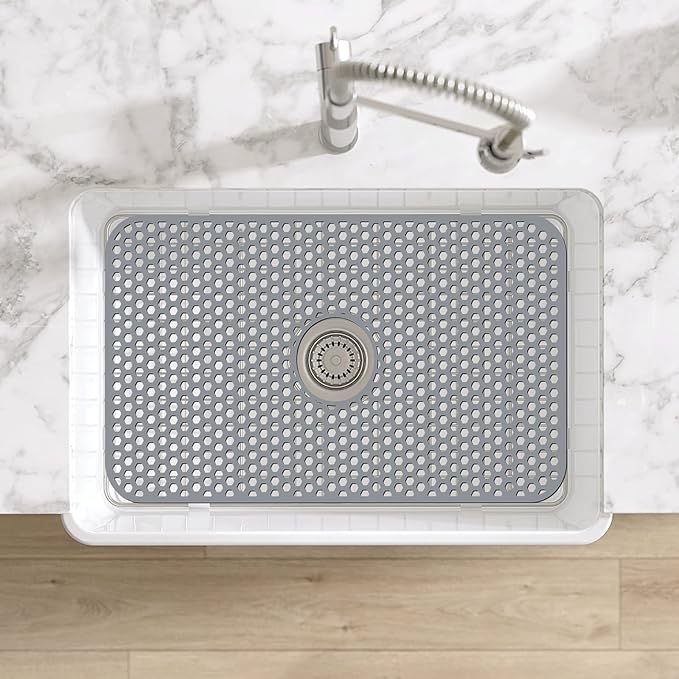 Bestjing Silicone Sink Mat, 26'' x 14'' Protectors for Kitchen Sink with Center Drain, Kitchen Protector Accessory, Non-Slip Grid Mat for Bottom of Farmhouse Porcelain Stainless Steel(Center Hole)