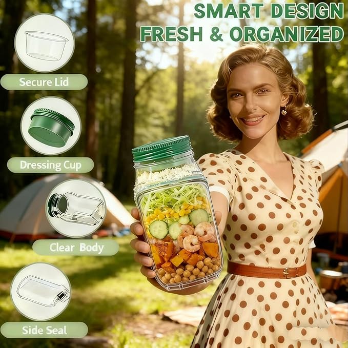 Original salad container with green lid, 32-ounce food storage jar, suitable for meal prep, lunch, travel, portable (1 piece) with a complimentary stylish fork