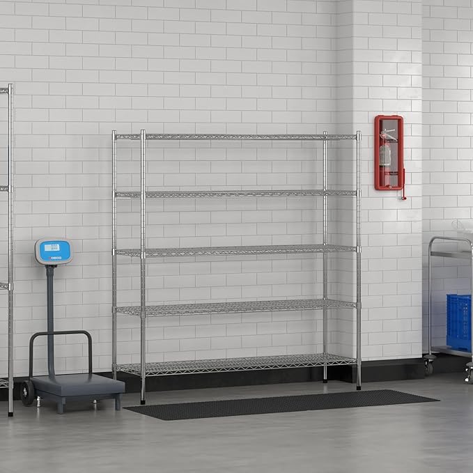 Commercial NSF Listed Chrome Stationary Wire Shelving Kit 18" x 60" x 64", with 5 Shelves Perfect for Warehouse, Walk-in Refrigerator, Freezer, Grocery Store, Restaurant, Dishroom