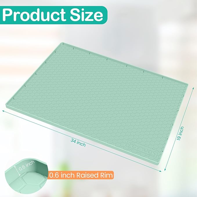 FORWOS Waterproof Under Sink Mat 34" x 19", Silicone Cabinet Liner, Rubber Protector for Kitchen and Bathroom, Keeps Cabinets Clean, Dry, and Organized (Mint Green)