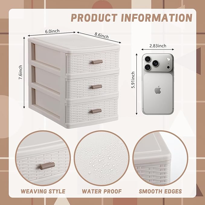 Small Storage Desk Drawer 3 Drawers Plastic Storage Mini White Plastic Weave Drawer Unit with Pull Handles Desk Organizer Small Bin Container for Office Supplies Craft Countertop Makeup Bathroom