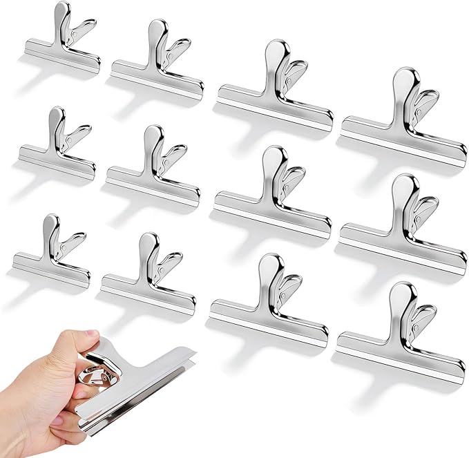 12Pack Heavy Duty Chip Bag Clip for Food, Sliver Metal Chip Clips for Food Storage, Stainless Steel Bag Clips, for Food Packages Kitchen and Office, 5 Inches