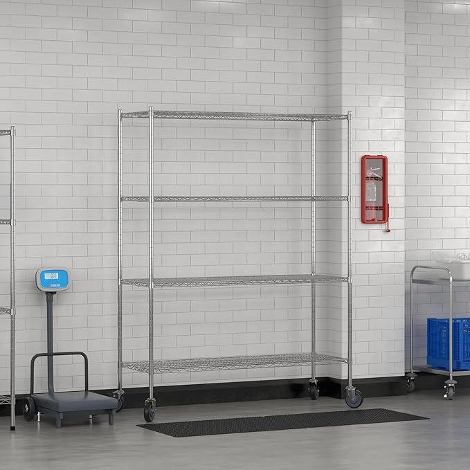 Commercial NSF Listed Chrome Mobile Wire Shelving Kit 21" x 60" x 80", with 4 Shelves Perfect for Warehouse, Walk-in Refrigerator, Freezer, Grocery Store, Restaurant, Dishroom