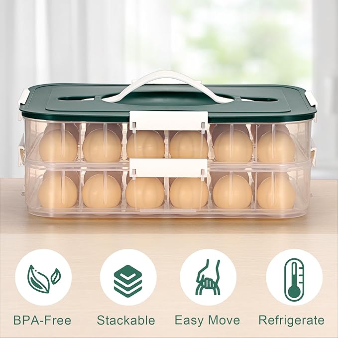 BTSKY Deviled Egg Platter with Lid, 2-Layer 36 Slots Deviled Eggs Carrier, Clear Portable Eggs Holder for Fridge Reusable Deviled Egg Tray Carton Box for Easter and Party Favor (2-Layer, Green)