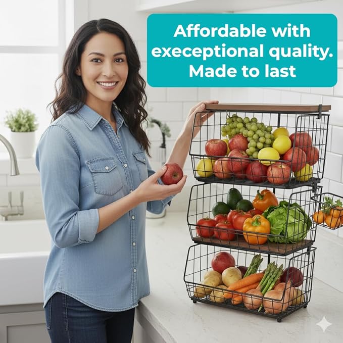 Storage Pantry Baskets – Heavy Duty Wire Bins for Kitchen, Bathroom & Laundry – Wall Mounted, Stackable Organizer for Snacks, Toiletries, Potatoes & Onions – 2 Pack Storage Set Bundle XXL