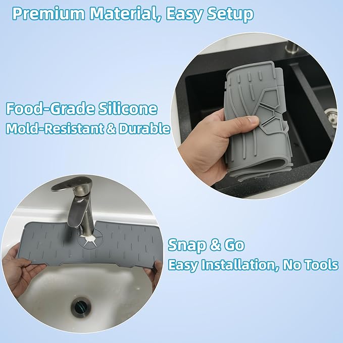 Silicone Faucet Handle Drip Catcher Drying Tray Mat Dish Soap Sponge Holder Accessories Gadgets for Kitchen Counter Bathroom Kitchen Sink Splash Guard (Gray, 24")