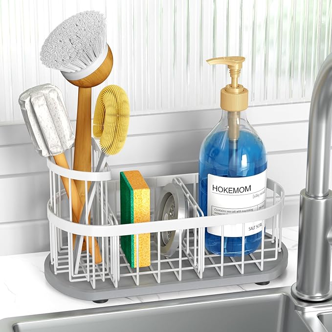 LARGE Kitchen Sink Caddy Organizer,[FLEXIBLE PLACEMENT & FAST-DRYING] Sponge Holder for Kitchen Sink Countertop with High Brush Holder-Rustproof 304 Stainless Steel-9.84"L x 4.72"W x 5.83"H