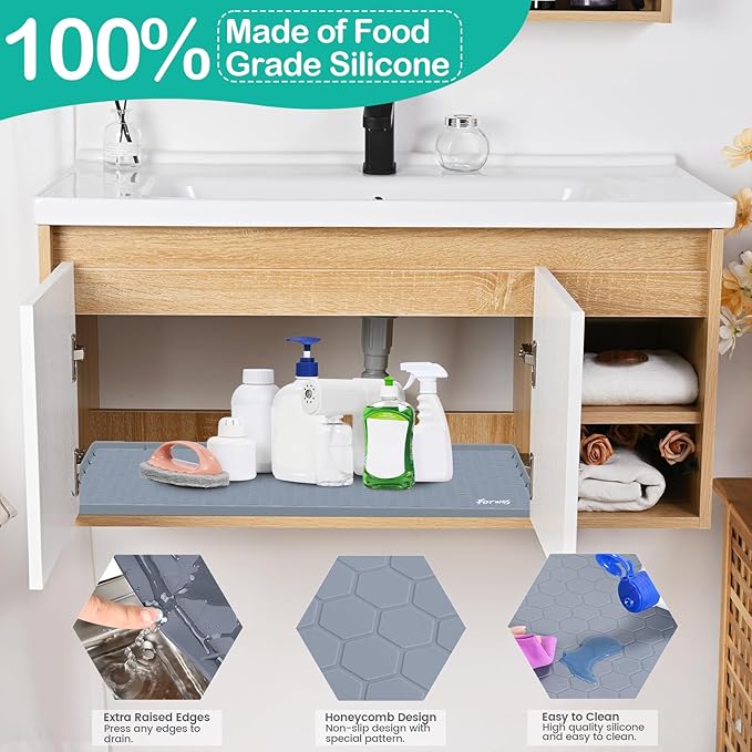 FORWOS Waterproof Under Sink Mat 34" x 19", Silicone Cabinet Liner, Rubber Protector for Kitchen and Bathroom, Keeps Cabinets Clean, Dry, and Organized (Grey)