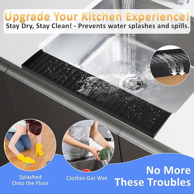 AyNirser Sink Edge Protector with Suction Cup 4"x20", Silicone Sink Splash Guard for Kitchen & Bathroom, Protect Countertop from Scratches, Stains, for Stainless Steel Granite Quartz-Black