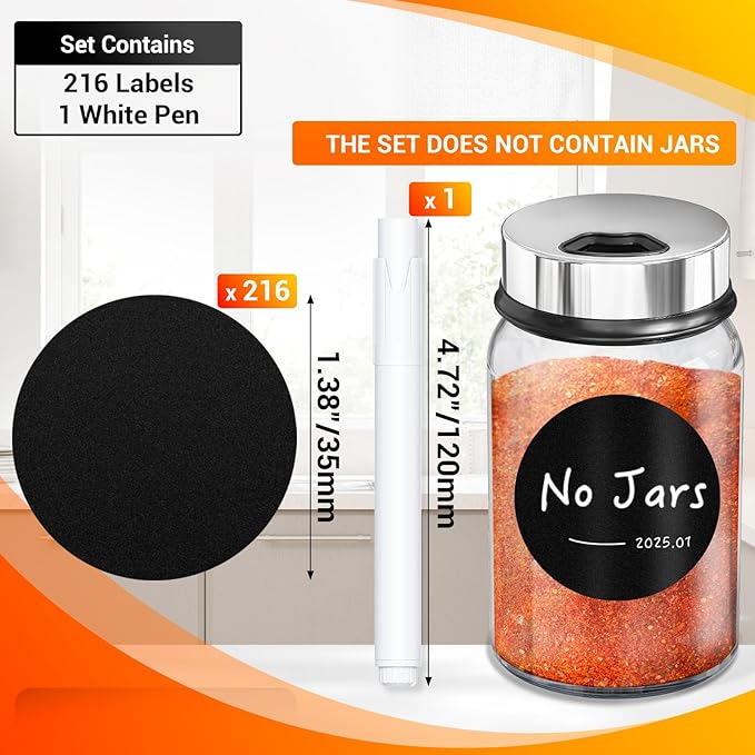 Segarty Chalkboard Labels, 216 Pcs Blank Circle Labels with 1 White Chalk Marker for Spice Jars, Waterproof Black Label Stickers for Food Containers, Glass Mason, Bottle, Kitchen Organization