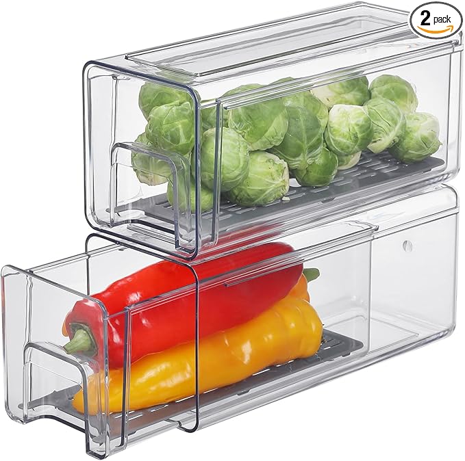 Bronkeeper Pull Out Clear Fridge Organizer Drawers with Drainer, Refrigerator Stackable Storage Bins for Kitchen Fruit & Veggie Organization (2PCS, Small)