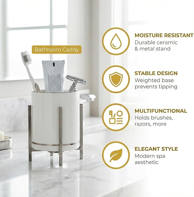 Cooking Utensil Holder, 2 Pcs Ceramic Flatware Caddy with Gold Metal Bracket, Chic & Modern Kitchen Utensil Holder for Countertop, Rustic Cooking Utensil Crock for Farmhouse Kitchen Décor