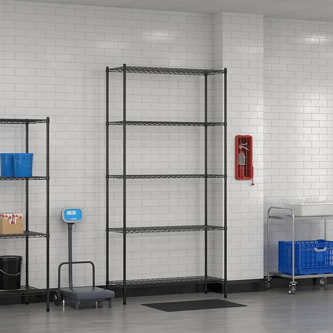 Commercial NSF Listed Black Epoxy Stationary Wire Shelving Kit 18" x 48" x 96", with 5 Shelves Perfect for Warehouse, Walk-in Refrigerator, Freezer, Grocery Store, Restaurant, Dishroom