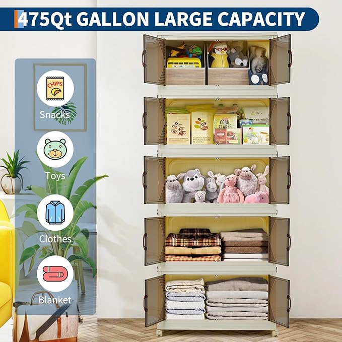 GarveeHome 475QT Stackable Storage Bins, Folding Storage Box with Magnetic Doors & Wheels, Loset Organizers and Storage with Lids, Collapsible Plastic Drawers for Bedroom Kitchen Office, White