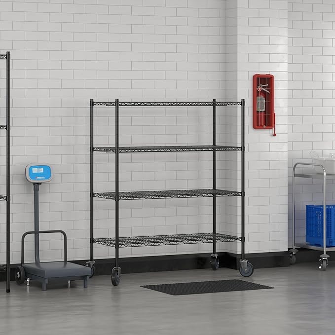 Commercial NSF Listed Black Epoxy Mobile Wire Shelving Kit 21" x 48" x 60", with 4 Shelves Perfect for Warehouse, Walk-in Refrigerator, Freezer, Grocery Store, Restaurant, Dishroom