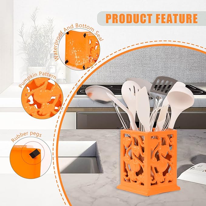 Utensil Holder for Kitchen Counter, Large Cast Iron Vintage Pumpkin Pattern Utensil Holder Cooking Tools Organizer Storage Crock, Orange