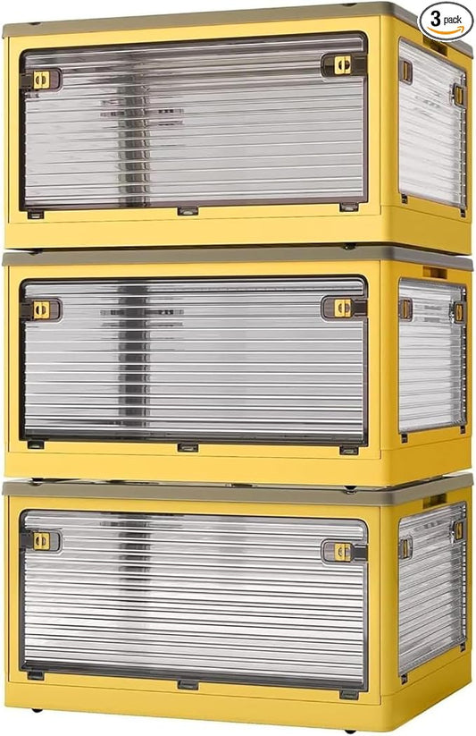 3-Pack Stackable Storage Bins, 83-Liter Collapsible Organizers with 3 Lids, Wheels, Foldable Collapsible Box for Outdoor Camping, Orange
