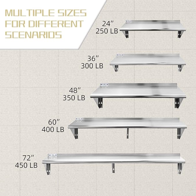 Hally Stainless Steel Shelf 14 x 60 Inches, 400 lb, Commercial Wall Mount Floating Shelving for Restaurant, Kitchen, Home and Hotel