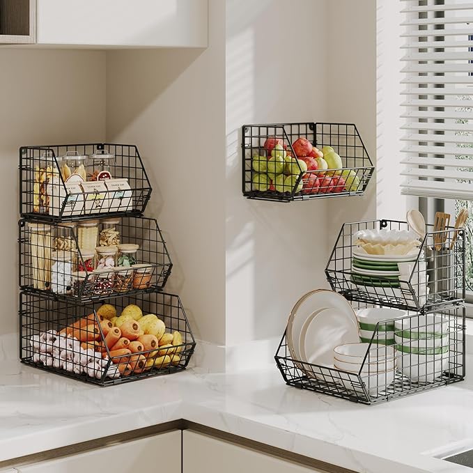 2-Tier Stackable Potato and Onion Storage Bin, Vegetable Storage Bins - Wire Baskets for Pantry Organization, Ventilated Baskets for Kitchen Countertop Hold Fruit, Produce, Snack, Can & Bread