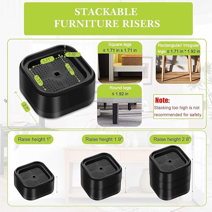 18 Pack Furniture Risers 1, 2 or 3 Inch, Adjustable Bed Risers Heavy Duty For Table Desk Couch Chair Sofa Cabinet Bed Legs Dorm, Square Stackable Bed Raisers Blocks Lift Height 1", 2" or 3", Black