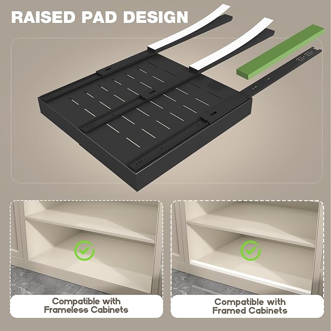 2 Pack Pull Out Cabinet Organizer 22" Deep,Full Extension 3 Slide Rails Slide Out Drawers With Raising Pad for Framed Cabinets,Expandable Width (12.3"-20.5"),No Drill Roll Out shelf,Black