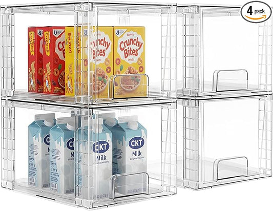 4 Pack Large Stackable Storage Drawers, Acrylic Bathroom Undersink Closet organizers and storage, Clear Plastic Bins for Pantry, Kitchen Cabinets, Makeup, Perfume, Baby Bottles, Medicine Organization