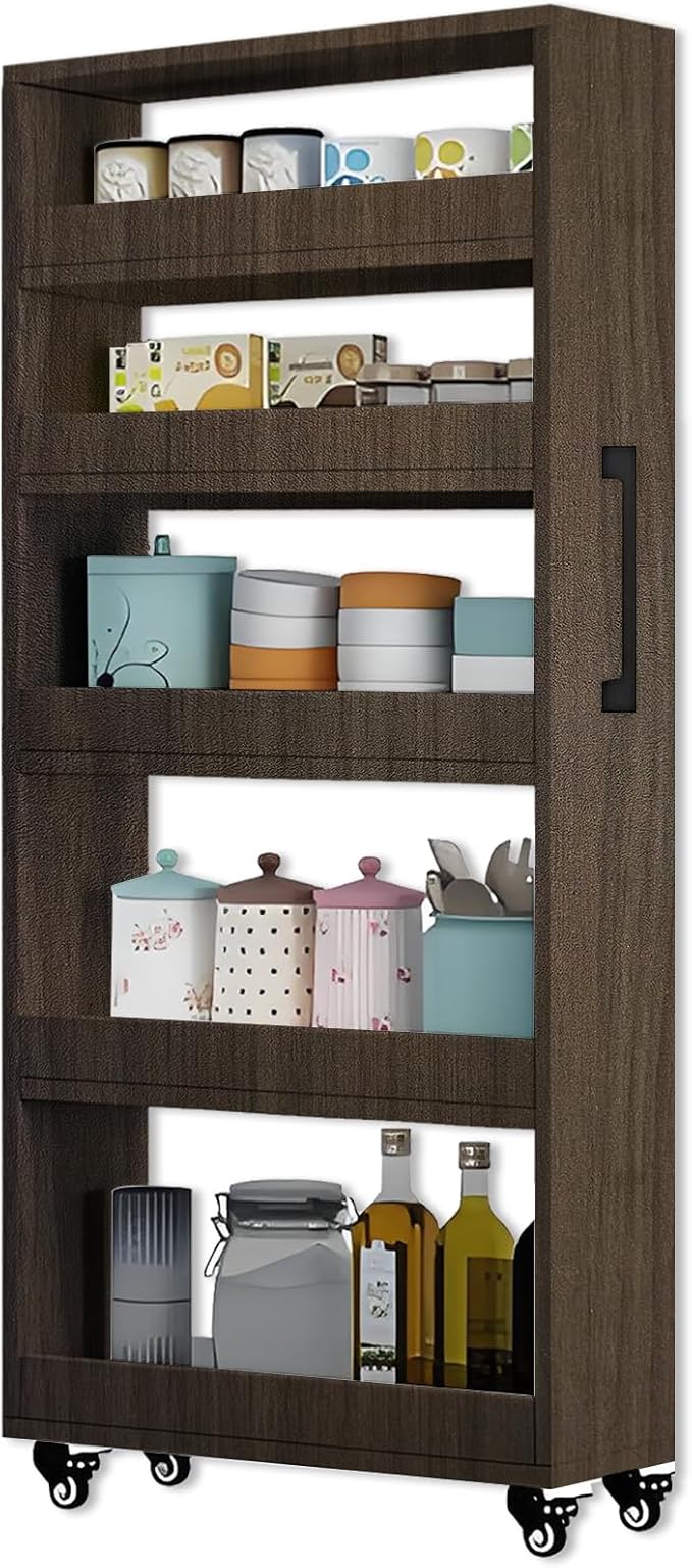 7-Tier Slim Rolling Storage Cart, Wooden Narrow Pantry Cabinet with Wheels, Tall Space-Saving Shelf Organizer for Kitchen, Laundry, Bathroom (Light Brown, 59" H*7.8" W*23.6" D)