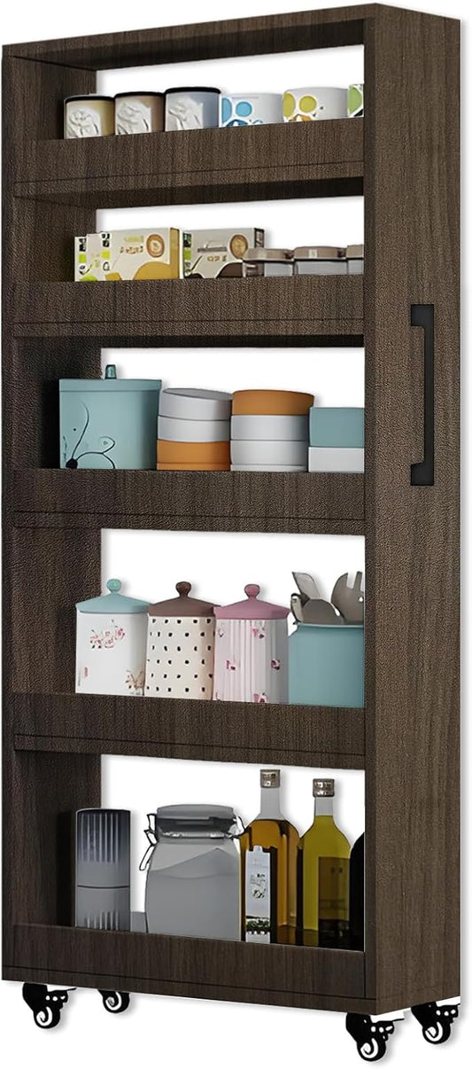 7-Tier Slim Rolling Storage Cart, Wooden Narrow Pantry Cabinet with Wheels, Tall Space-Saving Shelf Organizer for Kitchen, Laundry, Bathroom (Light Brown, 73.2" H*7.8" W*19.6" D)