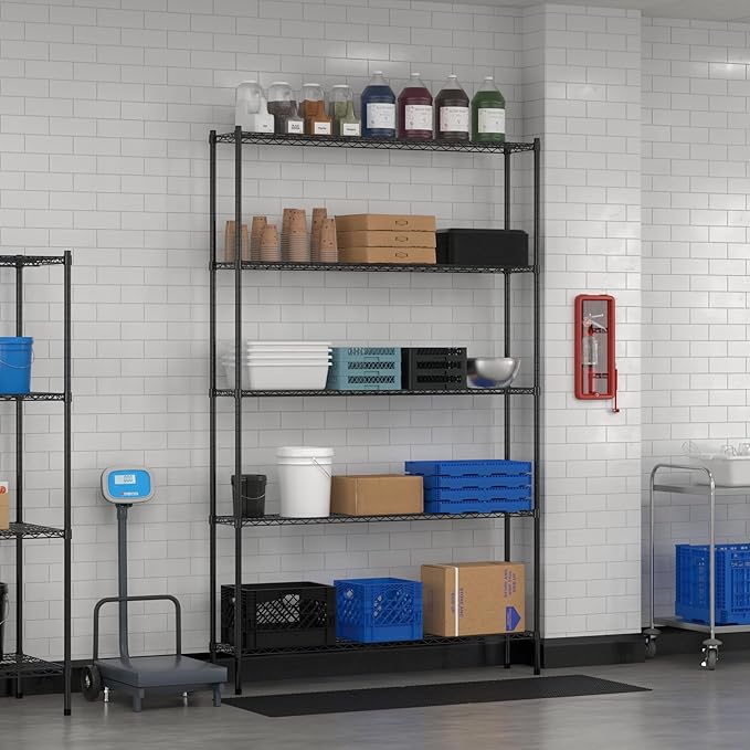 Commercial NSF Listed Black Epoxy Stationary Wire Shelving Kit 12" x 60" x 96", with 5 Shelves Perfect for Warehouse, Walk-in Refrigerator, Freezer, Grocery Store, Restaurant, Dishroom